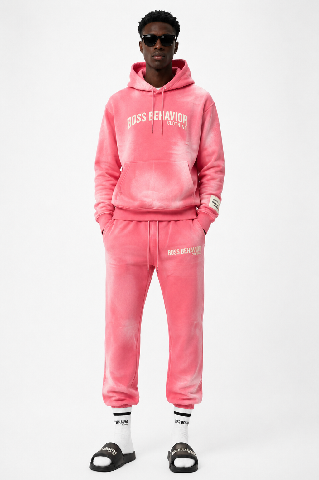 Boss Behavior Distressed Logo Fleece Embroidered Unisex Hoodie Set