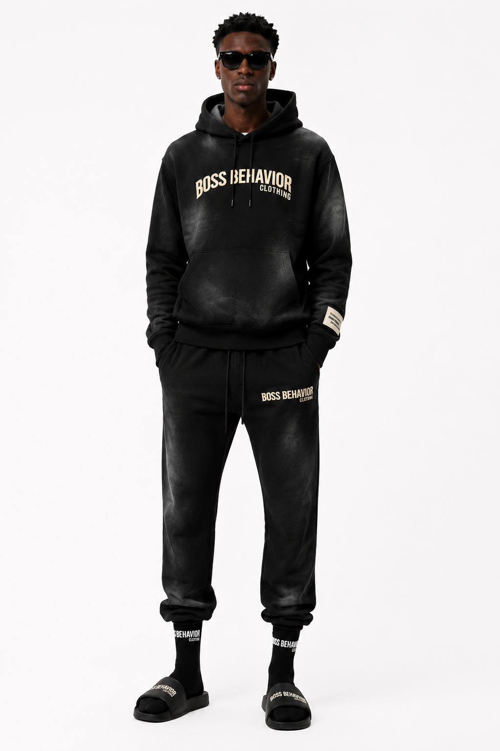Boss Behavior Distressed Logo Fleece Embroidered Unisex Hoodie Set